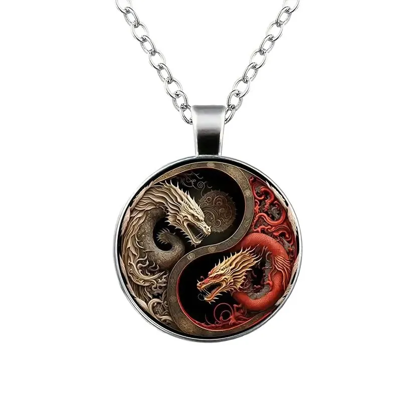 Tai Chi Dragon Round Pendant Necklace – Stylish Yin Yang Dragon Jewelry, Versatile Vintage Retro Necklace for Men & Women, Symbol of Balance & Power